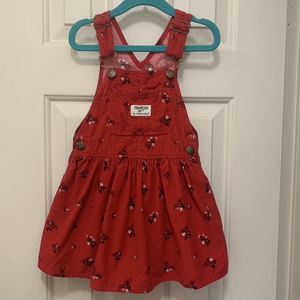 OshKosh B’Gosh 3T Red Corduroy Floral Bib Dress Overall Floral Skirt Vestbak